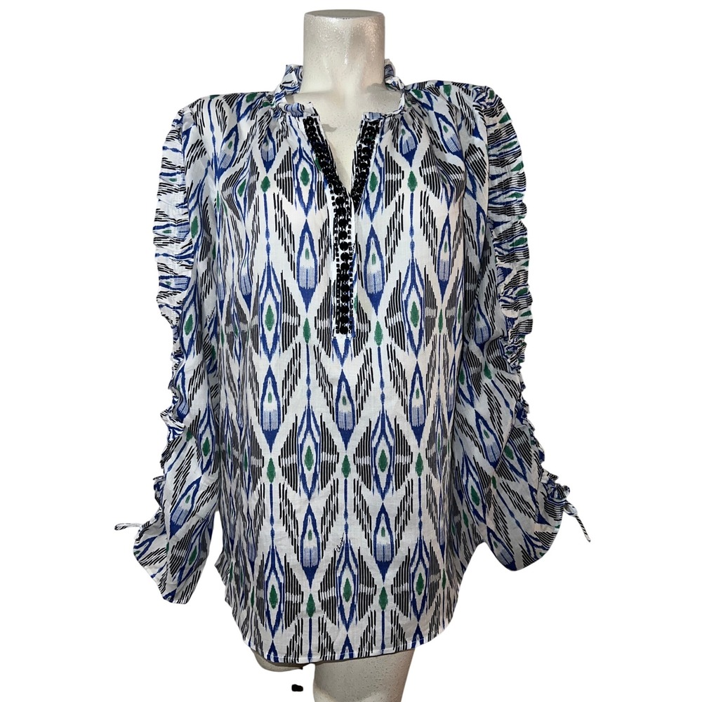 Chico's Blue Green Ikat Print Beaded Ruched Sleeve Blouse Top Size L (2.5) 14